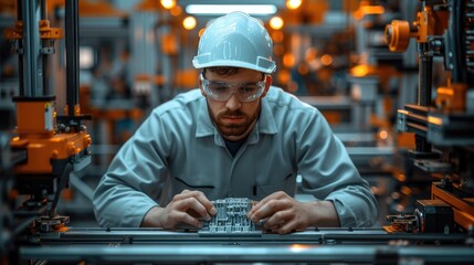 Poster - Engineer tuning 3d printer in the factory. Generative AI.