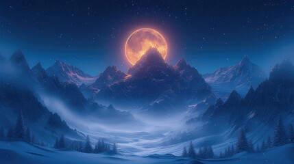 Wall Mural - Calming night mountains with big moon sky. Generative AI.