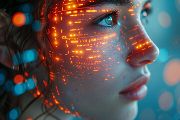 Poster - A futuristic portrait of a person on a digital display background, symbolizing the integration of technology and humanity. Concept of digital identity. Generative Ai.