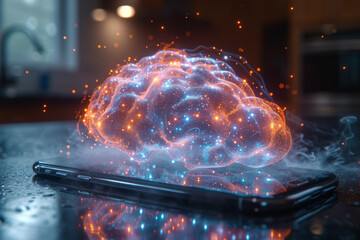 Poster - A thought bubble emerging from a smartphone, illustrating the contemporary nature of digital ideas. Concept of digital ideation. Generative Ai.