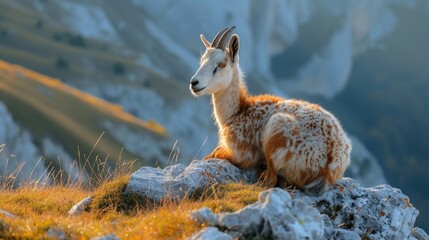 a goat sits on the top of a grassy hill with mountains, in the style of light bronze and orange