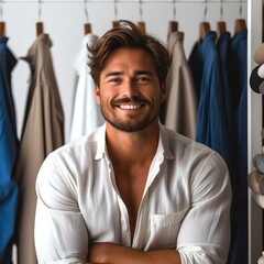 Poster - A Young muscle men wearing clothes in the fitting room, smiling confident on white background. Generative AI.