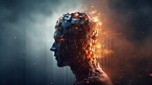 Profile Of A Head Disintegrating Into Particles Against A Dark Backdrop. Concept Of Digital Transformation, Data Visualization, Artificial Intelligence, And Innovation.