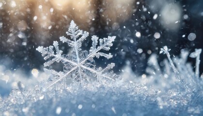 Wall Mural - snowflake ice crystal macro frozen ground and snow falling on new years day