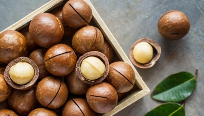 Poster - close up of unshelled macadamia nuts in a box top view