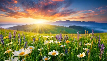 Wall Mural - beautiful spring morning sunrise over fresh green meadow with flowers