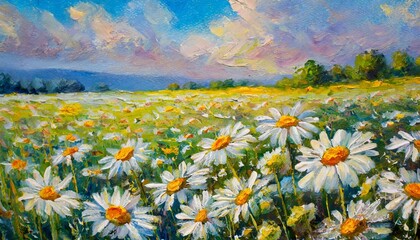 Wall Mural - oil painting field of daisies colorfull art drawing