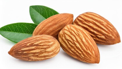 Poster - almonds nuts with leaves isolated on white background with clipping path and full depth of field top view flat lay