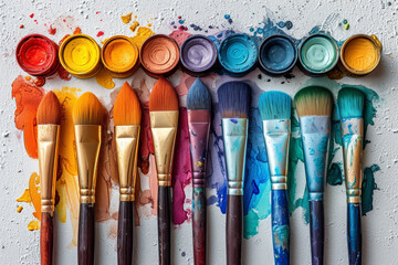 Poster - art supplies arranged neatly on a white surface, featuring paintbrushes, watercolors, and sketch pap