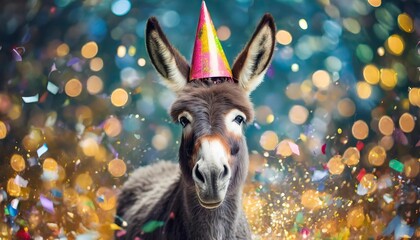 Wall Mural - happy cute animal friendly donkey wearing a party hat celebrating at a fancy newyear or birthday party festive celebration greeting with bokeh light and paper shoot confetti surround party