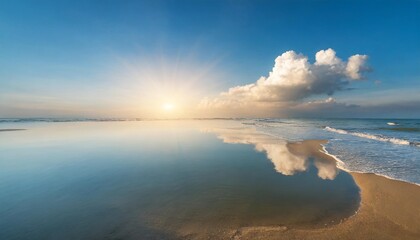 Wall Mural - beautiful blue sky and white fluffy single cloud with sunrise in the morning natural background