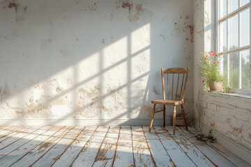 Poster - a sparse room with a single chair near a window, capturing the mood of solitude and introspection. c