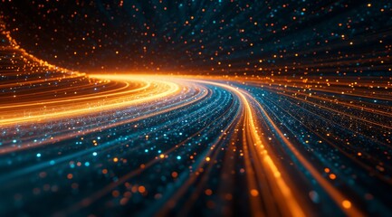 Wall Mural - abstract image displaying flowing lines of orange and blue light, that gives the impression of high 
