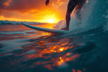 Wall Mural - A close-up of a surfer riding a wave at sunset, highlighting the connection between humans and the powerful forces of the ocean during an exhilarating surf session.  Generative Ai.