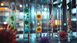 A collection of vibrantly colored, stylized representations of virus particles and bacteria within test tubes, set against the backdrop of a modern, high-tech laboratory environment.