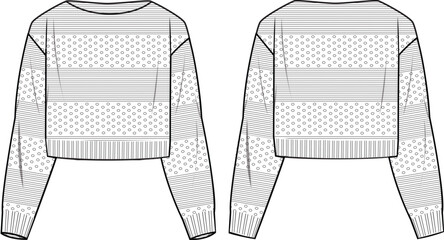 Wall Mural - Women's Crop Pointelle Jumper. Technical fashion illustration. Front and back, white color. Women's CAD mock-up.