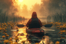 A Serene Lakeside Scene Featuring A Kayaker Surrounded By Floating Wetland Plants, Illustrating The Concept Of Natural Water Purification And The Importance Of Preserving Aquatic. Generative Ai.