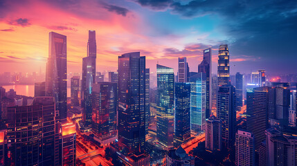 Wall Mural - A futuristic city skyline at dusk, featuring sleek skyscrapers and glowing neon lights, evoking a sense of innovation and progress 