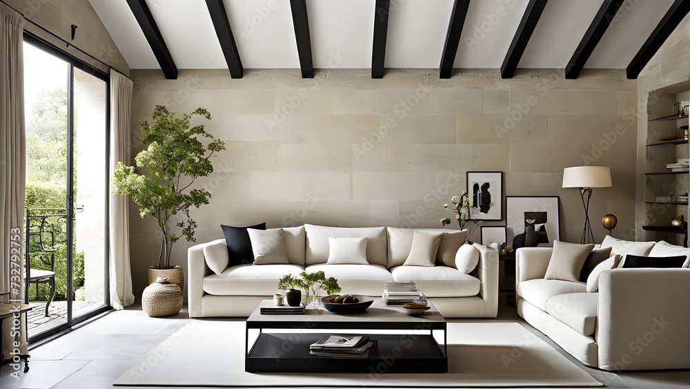 Image showcasing Image of a European living room with white brick walls, a bright floor ...