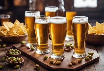 Wall Mural - Beer in bottles and glasses on a wooden table Beer and snacks are pistachio nuts chips and nachos