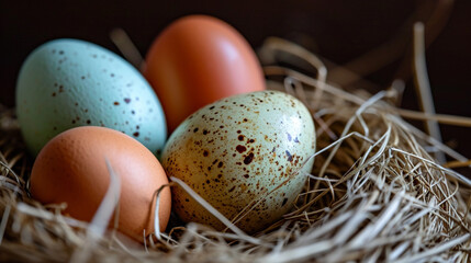 Eggs, Bird nest on branch with easter eggs for Easter. AI Generative