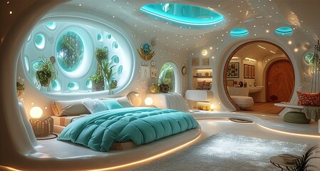 Wall Mural - Futuristic-looking bedroom in turquoise-blue neon tones, storybook style, ultra detailed, biomorphic