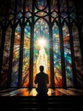 Fototapeta  - guy in church. a young man prays near a stained glass window. faith hope. man folded his hands in prayer.