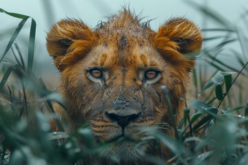 Wall Mural - A majestic masai lion rests among the tall grass, its powerful snout blending in with the lush outdoor landscape as it represents the untamed beauty of wildlife