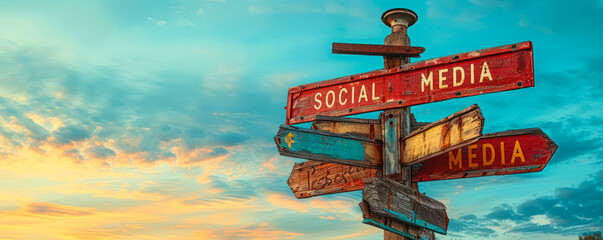 Poster - A multi directional signpost with colorful social media and communication icons representing various online and digital interaction platforms