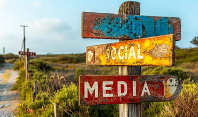 Poster - A multi directional signpost with colorful social media and communication icons representing various online and digital interaction platforms