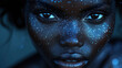 A close-up accent on the emotion and sensuality of a beautiful young black girl under the effect of purple light