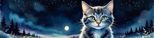 Watercolor Banner Cute Kitten On The Background Of Night Natural Lanscape. 