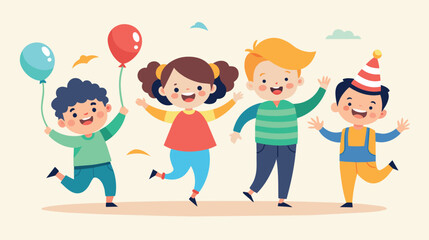 Wall Mural - Cheerful children celebrating with balloons and party hats