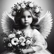 Beautiful little angel with wings and flowers. Black and white. Angel, cute girl angel. Little girl angel portrait with flowers and wings, retro syle. 