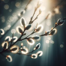Blossoming Willow Catkins On Blurred Background. Close Up Of Pussy Willow Branches. Springtime Floral Bokeh Background. 