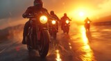 As the sun sets over the foggy horizon, a fearless group of riders navigate their motorcycles through the slick roads, their wheels kicking up droplets of water as they embrace the thrill of the open