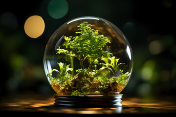 A eco friendly green concept city inside a light bulb, green concept