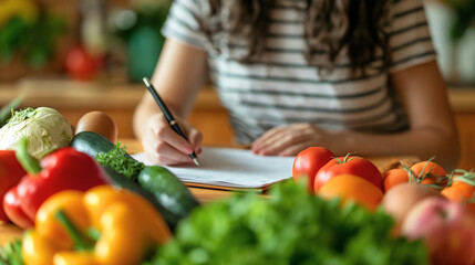 Woman with brunette hair, holding a pen in her hand and writing healthy diet and lifestyle goals for weight loss on the paper. Table full of fresh, organic and raw vegetables and fruits