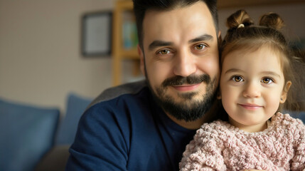 Wall Mural - Father and his cute little daughter, man sitting on sofa with his female child or kid, both of them are smiling and looking at the camera. Living room relaxation, happy family, fatherhood concept