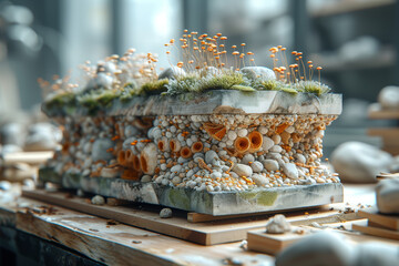 Poster - The meticulous engineering process involved in crafting eco-friendly materials for the construction of environmentally conscious buildings. Concept of green construction materials. Generative Ai.