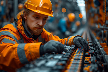 Poster - skilled workers assembling high-performance batteries for electric vehicles, a crucial step in reduc