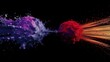 Dynamic collision of purple and red powder explosions with particles