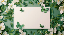 Blank Postcard Template Adorned By A Picturesque Scene Of 3D Green Butterflies Dancing Amid Delicate White Florals