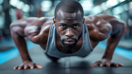 Wall Mural - Front view closeup photography of a handsome, muscular young African American man doing a push up exercise on the floor, working out or training in a modern gym interior room, wearing shirt and shorts
