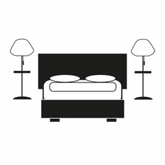 hotel, hotel double room, double bed, two floor lamps, hotel room icon, flat  illustration isolated on a white background