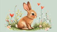 Cute Little Rabbit Icon Print, Hare On Green.
