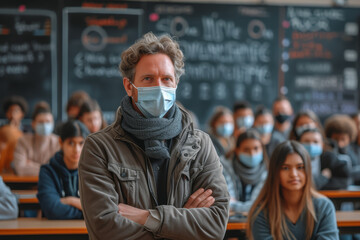 Poster - A photograph of a teacher in a mask, giving a lesson to students, symbolizing the changes in education. Concept of the evolving face of learning and teaching. Generative Ai.