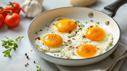 Top view of two fried eggs in a pan placed on the white kitchen table. Healthy protein food for morning meal or breakfast, organic tasty farm product serving, delicious white and yolk, onion, tomato