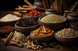various spices and herbs on a table background view, ai generated