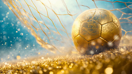 Closeup of a shiny golden soccer ball on the stadium grass field with white line and the goal net. European football sports equipment, round or sphere object